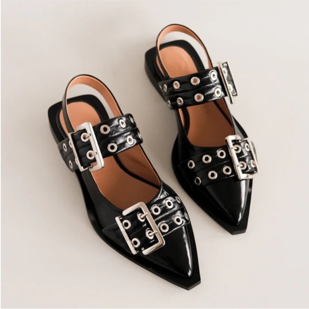 Ganni Black Pointed Toe Grommet Ballerina Flats